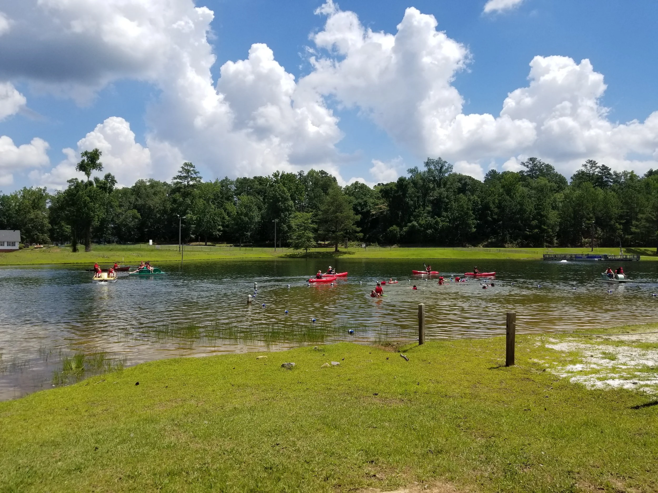 Lake scene with people in red canoes and paddle boats near a green grassy shoreline, leafy background and warm midday light.